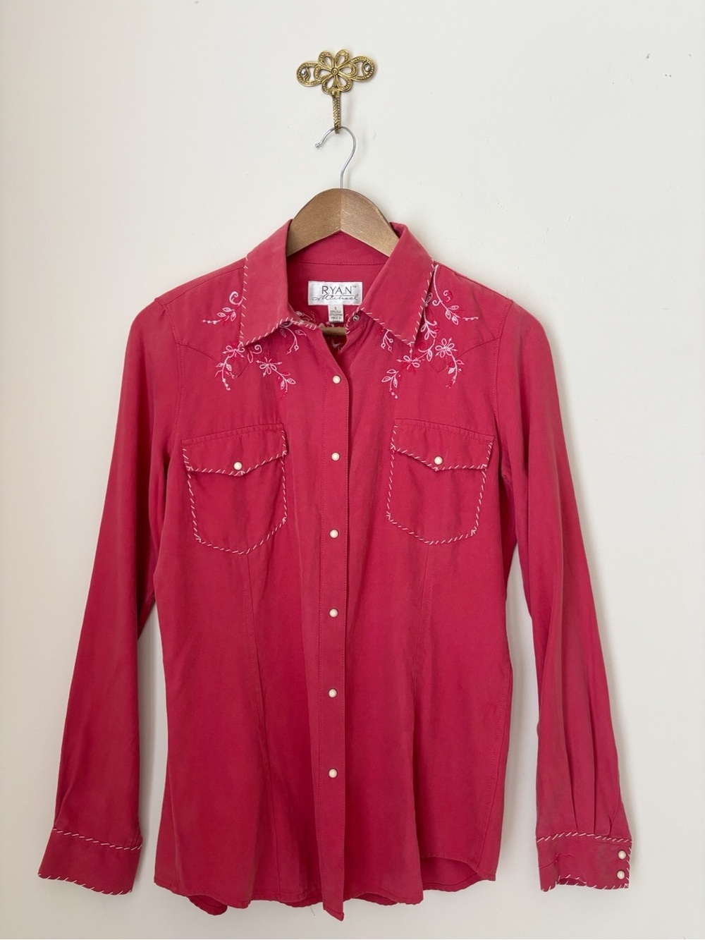 Ryan Michael Red Embroidered Silk Blend Western Shirt Small Coastal Cowgirl